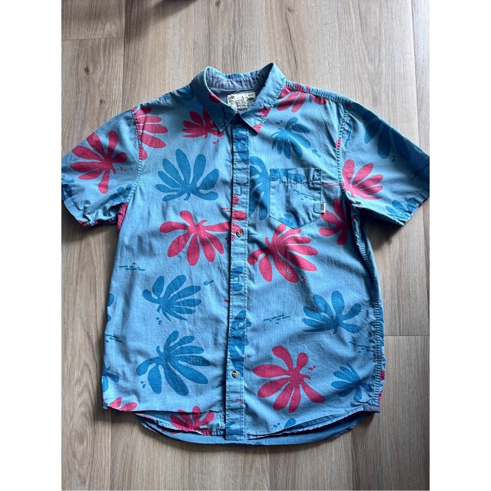 Vans Joel Tudor Hawaiian Floral Button Up Shirt Men's Small Blue Pink
